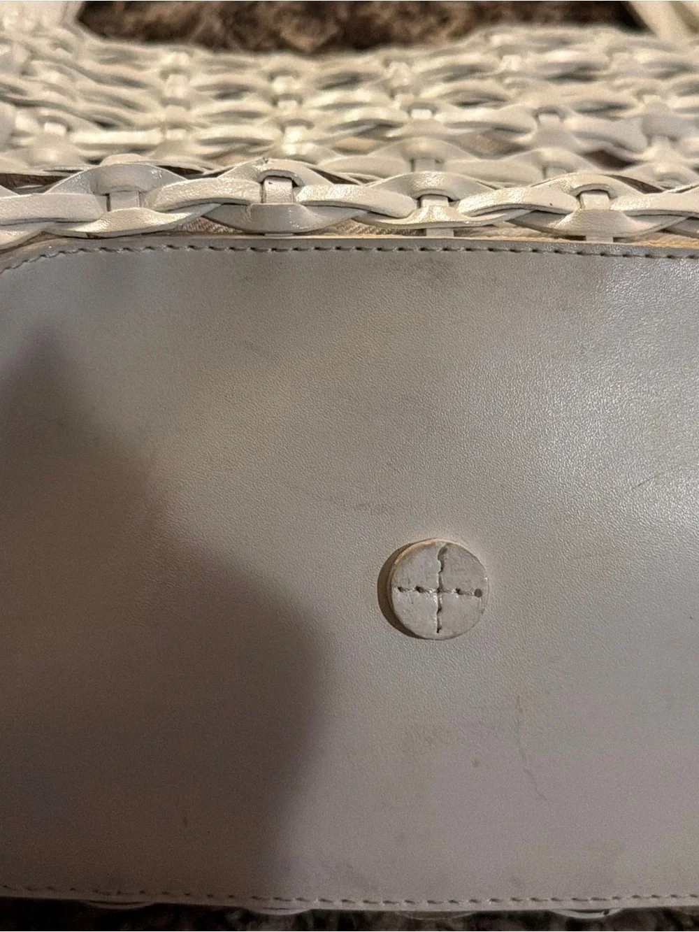 Vintage Fossil Ivory Woven Leather Tote Bag with Key Charm